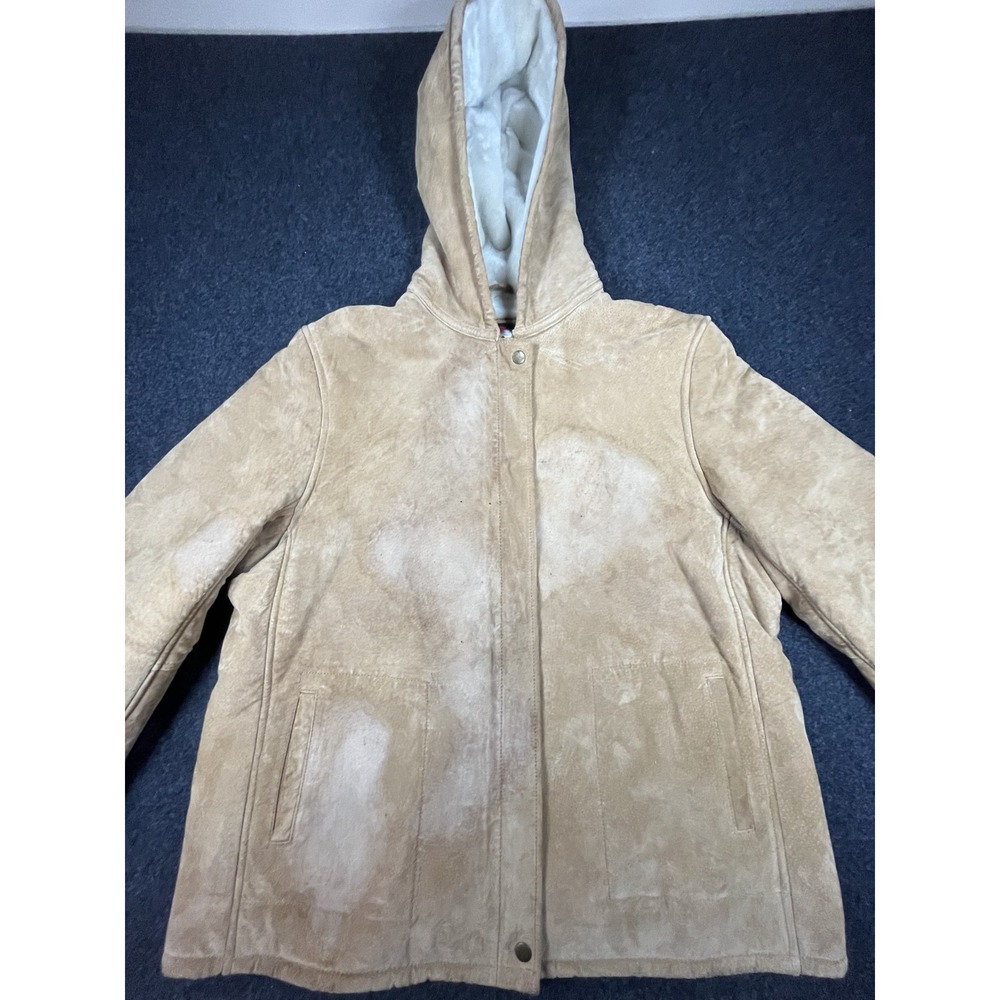 Y2K Gallery Coat Womens XL Beige Genuine Leather Faux Fur Lined Hooded Full Zip